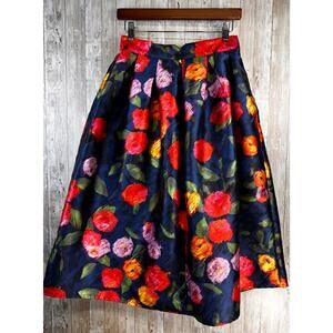 TOV Los‎ Angeles Pleated Satin Skirt S Blue Floral Zipper Midi Retro Cottagecore